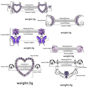 Detailed dimension guide for purple zircon nipple rings with exact sizing in mm and inches