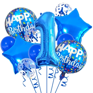 Blue theme birthday set with giant number 1 foil balloon and sequin latex balloons