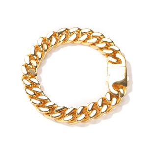 Polished gold Cuban link bracelet with durable safety box clasp on white background