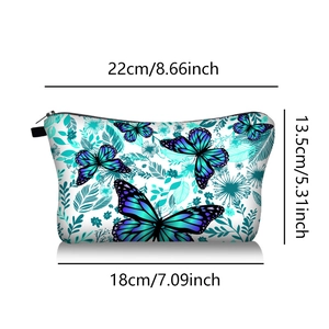 Floral butterfly makeup bag with top zipper and measurements 22x13.5x18 cm