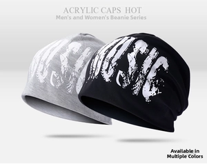 Close-up of the knitted acrylic fabric texture and MUSIC print on black and grey beanies