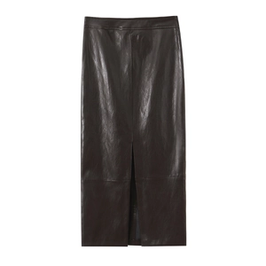 Gonna midi alla moda in ecopelle marrone scuro con vita alta e spacco frontale