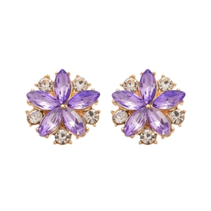 Elegant purple flower stud earrings with crystals in a minimalist floral gold design