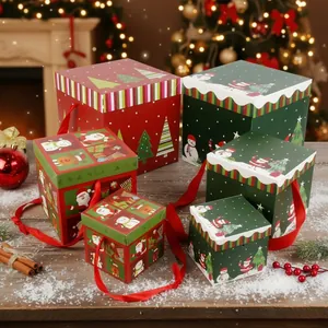 Christmas Gift Boxes Cardboard Paper Ribbon Handles Holiday Party Present Wrap Cartoon Santa Claus Reindeer Snowman Decor