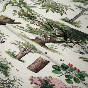 Close-up of vintage botanical pattern print on textured beige fabric material