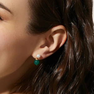 Close-up of S925 silver stud earring with white pearl and green chalcedony bead on ear