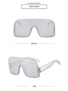 Front and side views of fashionable oversized semi-rimless sunglasses in transparent gray