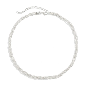 Detail view of silver twisted chain necklace with sparkling texture and lobster clasp