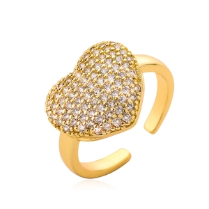 Elegant gold heart ring with pavé zircon stones and adjustable open band design