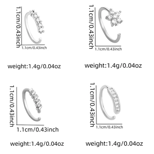 Detailed specs showing four silver leaf and flower nose rings with dimensions and weight