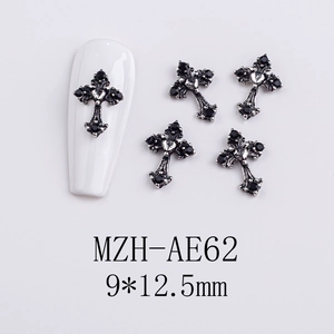 Gothic silver cross nail charm with black rhinestones and 9x12.5mm size detail