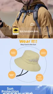 Outdoor sun hat featuring 9cm wide brim, breathable side mesh and adjustable chin cord