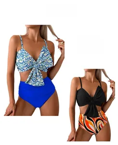 Detail of high waisted bikini sets featuring bow tie tops and various floral print patterns