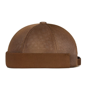 Brown mesh docker hat with breathable crown and solid rolled brim on white background