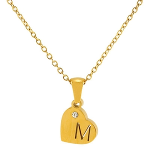 Collier avec pendentif cœur en or 18K avec cristal et lettre M gravée sur fond blanc
