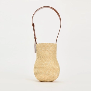 Handmade gourd-shaped straw shoulder bag with adjustable brown leather strap for summer