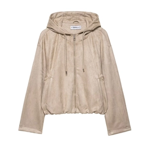 Women's beige faux suede hooded jacket with zipper closure shown in a flat lay view