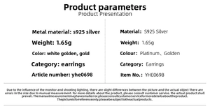 Specifications chart for S925 silver snake earrings detailing weight and colors