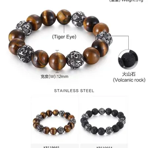 Herren Perlenarmband Tigerauge Lavastein Edelstahl Mantra Perlen Vintage Ethno Handgefertigter Schmuck