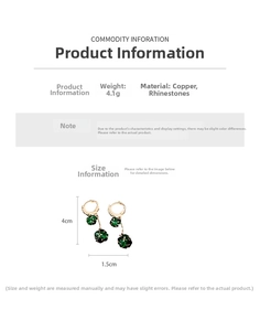 Detail view of emerald green rhinestone drop earrings with copper base dimensions info