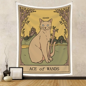 Detail of tarot cat tapestry with Ace of Wands illustration on minimalist beige wall