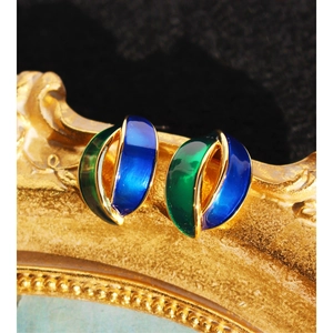 Vintage Geometric Blue Green Enamel Stud Earrings With 925 Sterling Silver Earring Post Elegant Brass Jewelry For Women