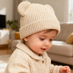 Close-up of beige infant knit beanie featuring cute bear ears on a young child