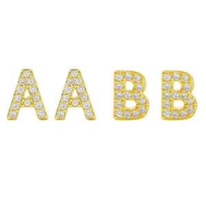 Elegant gold-plated alphabet A and B stud earrings with pavé set zircon crystals