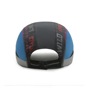 Rear view of outdoor sports cap showing blue and grey panels with adjustable strap