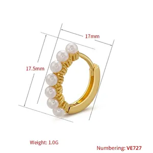 Elegant gold plated huggie earrings with white pearls, size 17.5mm by 17mm