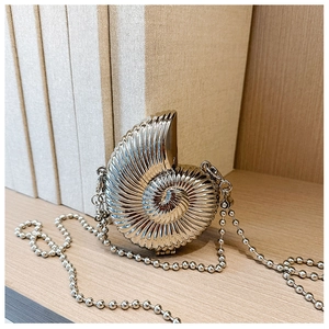 Detailed close-up of shell-shaped silver zinc alloy evening bag with sleek bead chain strap