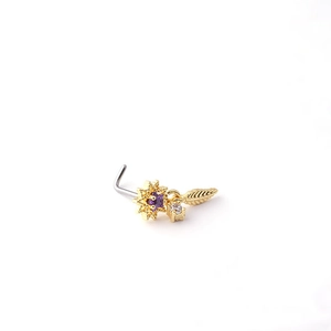 Piercing de nez fleur dorée avec pierre violette et pendentif feuille en acier 316L