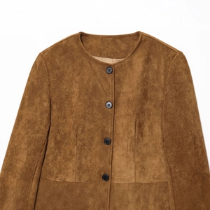 Brown faux suede crew neck jacket with four buttons and A-line hem in a flat lay view