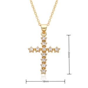 Detailed view of gold cross pendant with cubic zirconia stars and 25mm height dimension