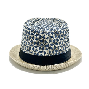 Men's breathable straw fedora hat with blue patterned crown and black ribbon