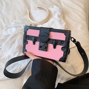 Women Vintage Trunk Crossbody Bag PU Leather Handbag With Rivet Decor Contrast Color Small Box Shoulder Bag