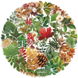Detail of round waterproof PET stickers featuring assorted green plants and flowers