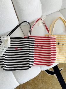Striped Canvas Tote Bag Large Capacity Butterfly Embroidery With Lace Ribbon Bow Shoulder Bag Women Casual Summer Style