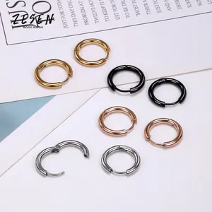 Minimalist 2.5mm titanium steel hoop earrings available in gold, black, rose gold, and silver
