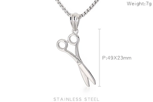 Détails du pendentif ciseaux de coiffeur en acier avec dimensions 49x23mm et poids de 7g