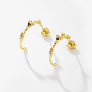 Elegant S925 silver gold-plated C-shaped earrings with colorful zircon stones