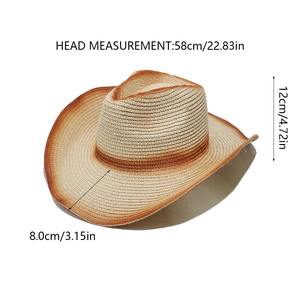 Detailed view of woven straw cowboy hat with dimensions showing brim and crown height