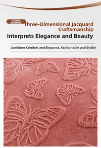 Macro detail of pink butterfly 3D jacquard flannel blanket with thick plush texture