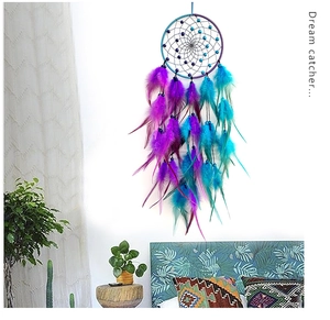 Detail of dream catcher with purple and blue gradient feathers on a white wall