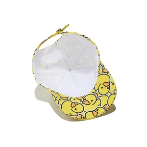 Interior view of yellow duck print baseball cap showing white seams and adjustable strap