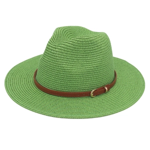 Detailed close-up of green straw Panama hat featuring a brown faux leather belt buckle strap