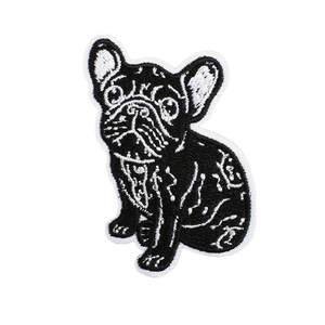 French Bulldog embroidered patch in black and white thread with detailed needlework