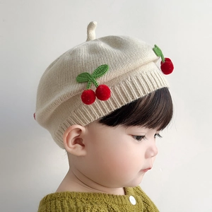 Adorable baby knit beret hat in beige with handmade cherry embroidery and soft texture