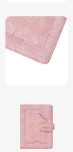 Detailed view of pink PU leather passport holder with golden leaf metal clasp and stitching