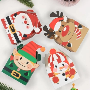 Detailed view of four 3D Christmas gift boxes with Santa, reindeer, elf and snowman designs